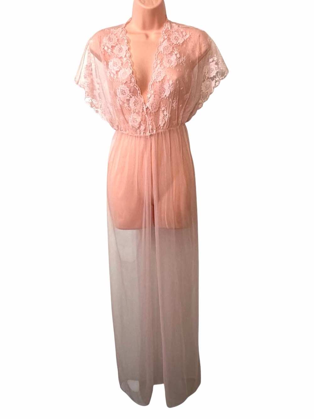 Vintage Pink Sheer Lace Duster Robe - Coverup